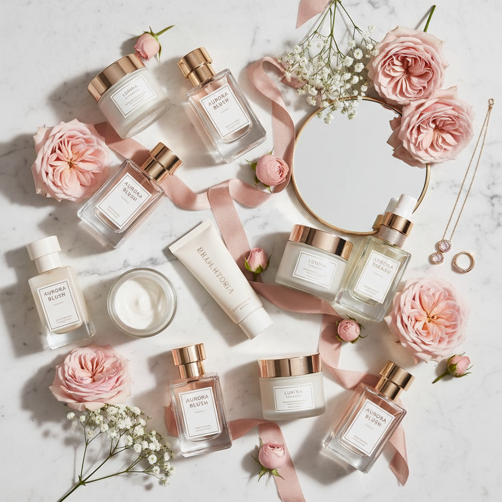 Luxury beauty skincare products and perfume on marble surface