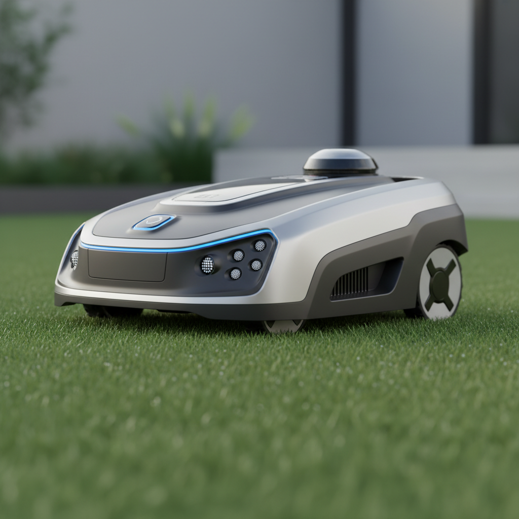 Electric lawnmower on a green lawn in a garden